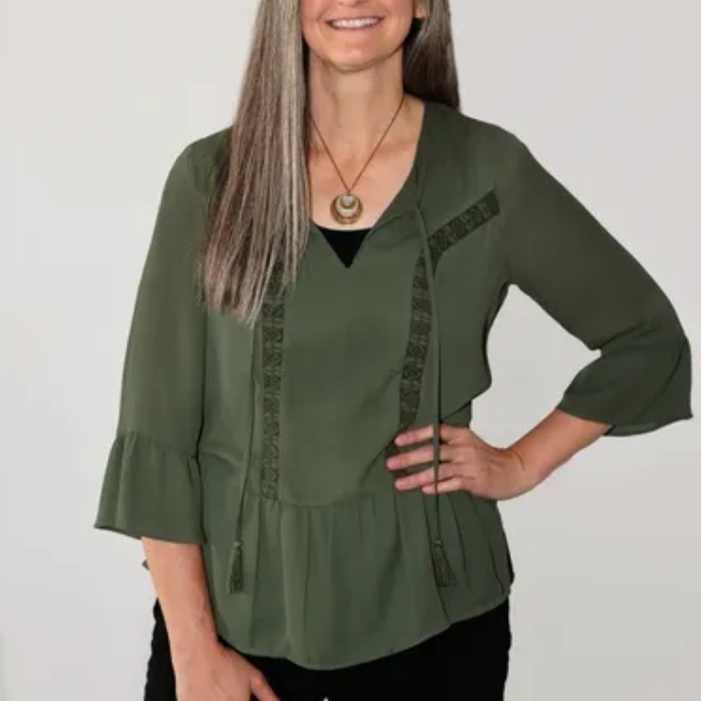 Hunter Green Boat Neck, 3/4 length bell sleeve Peplum Blouse with embroidery